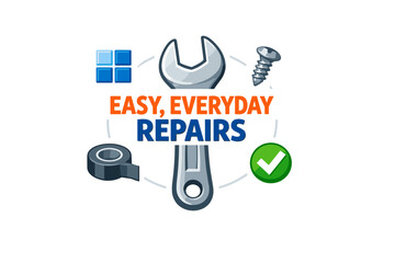 Essential tools for easy, everyday repairs: wrench, screw, tape, checkmark icons
