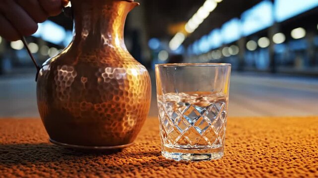 Warm Copper Pitcher Pours Clear Water Into Ornate Crystal Glass On Textured Orange Surface With Blurred Train Station Background Soft Bokeh Lights