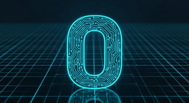 O Alphabet Monogram with Glowing Cyan Circuit Lines and 3D Digital Grid