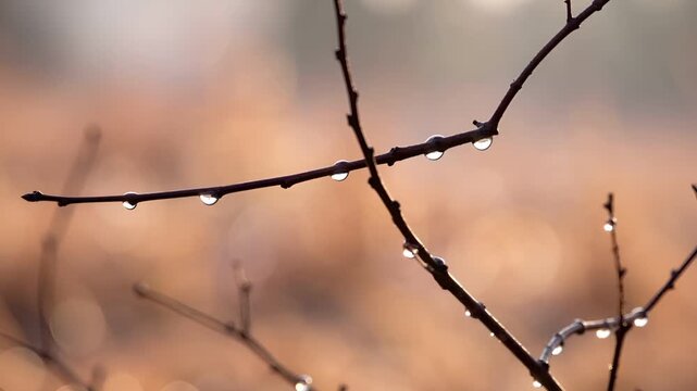 葉や花のない細い枝に、冷えた朝の露が静かに残る映像です。
柔らかな朝の自然光が雫に反射し、繊細な輝きを生み出します。
風はほとんどなく、カメラの緩やかな横移動が静けさを強調します。
