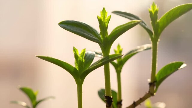 室内の植物に現れた、まだ完全に開いていない小さな葉先を捉えた映像です。
横から差し込む柔らかな自然光が、葉の質感を静かに際立たせます。
わずかな風による揺れと、ゆっくりしたカメラの寄りが成長を強調します。