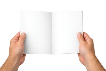 Male hands presenting an open empty book or folded brochure for mockup use, blank pages visible, front view, isolated on transparent background, high resolution, clean cutout, studio lighting, no text
