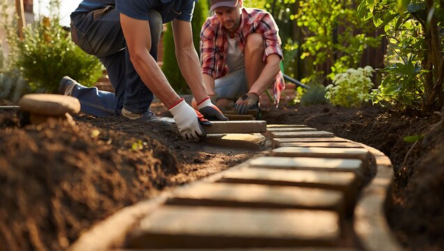 Professional landscaping contractors installing interlocking paving stone driveway at residential construction site, teamwork with tools and equipment to create durable, modern home hardscape design.