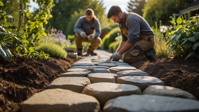 Professional landscaping contractors installing interlocking paving stone driveway at residential construction site, teamwork with tools and equipment to create durable, modern home hardscape design.