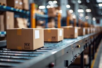 A conveyor belt carries cardboard boxes in a well-lit warehouse, highlighting an organized logistics process within a shipping facility.