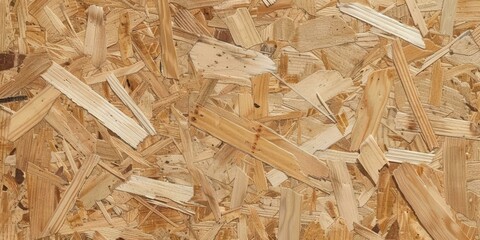 A textured surface of wood chips and strands, showcasing various sizes and orientations, typical of engineered wood products.
