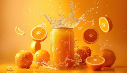 A vibrant splash of orange juice with fresh oranges, set against a sunny yellow background, evoking freshness and vitality.