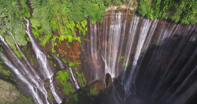 Top-Down Aerial View of Tumpak Sewu Waterfall Surrounded by Lush Tropical Forest, Indonesia