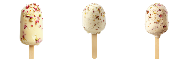 A delicious and aesthetic photo of three different flavors of ice cream bars on wooden sticks. Each bar is covered in a beautiful mix of toppings and colors. Perfect for use in ads. 