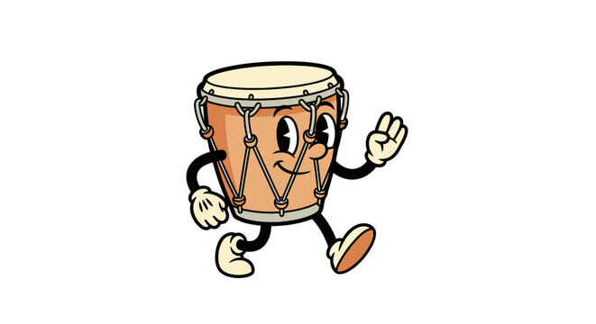 Cartoon bongo drum with a smiling face and gloved hands giving an okay sign, walking