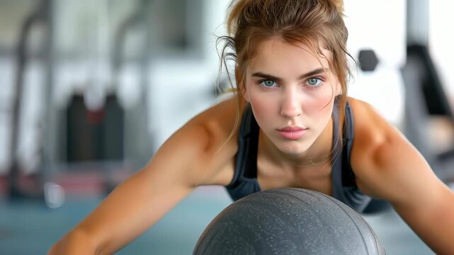 Focused Fitness: A determined woman engages in a challenging workout, embodying the dedication and strength required for fitness, pushing her limits with unwavering resolve.