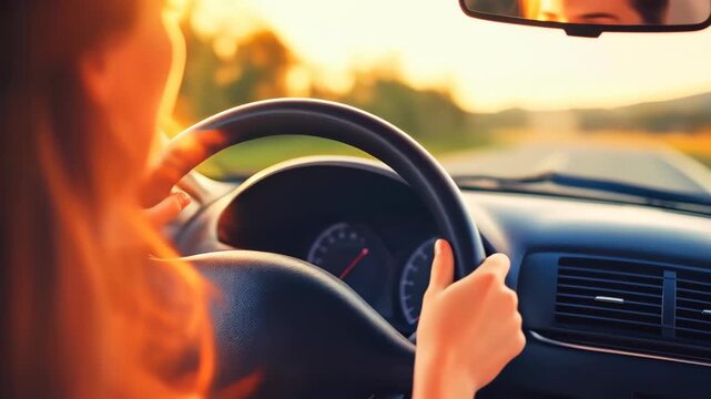 Journey of Driving: A captivating glimpse of a woman's hands confidently steering a car, embarking on a journey down a sun-drenched road, embracing the open road's allure.