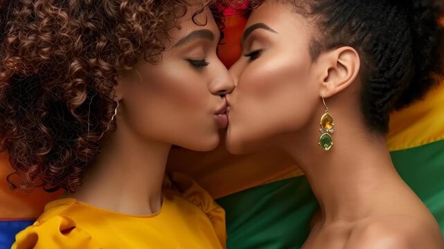 Embracing Affection: A tender moment shared between two women, their lips meeting in a passionate kiss against a vibrant rainbow flag, symbolizing love and acceptance. 