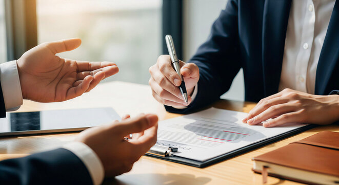 Business meeting where a person signs a contract with a pen while another person gestures