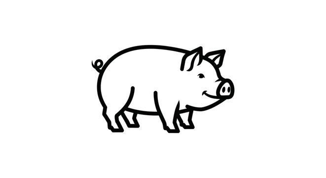 A simple, line art illustration of a smiling pig with a curled tail, ears, and snout