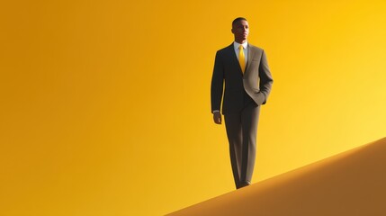 Obraz premium Confident Businessman in Formal Suit Walks Along a Dune Surrounded by Vibrant Yellow Background Symbolizing Success and Determination in Career