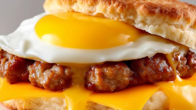 Savory Breakfast Delight: A close-up shot captures a mouthwatering breakfast sandwich, boasting a golden fried egg, sausage, and melty cheese, nestled between two halves of a fluffy biscuit.