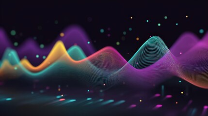 Flowing ribbon of charts across dark background, elegant futuristic style, neon accents, minimal illustration, continuous analytics