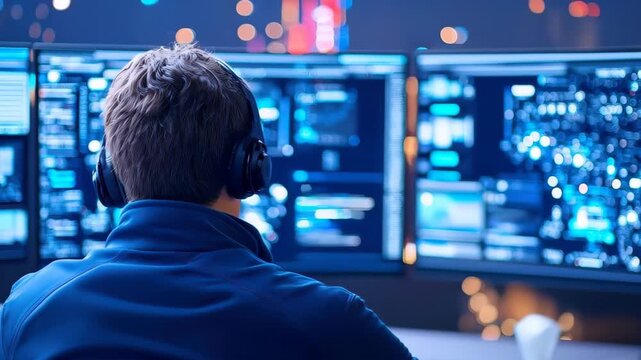 Tech Focus: A tech professional in focused concentration, immersed in the digital world. The image showcases the fusion of human intellect and advanced technology. 