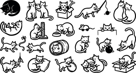 Obraz premium Line art assortment of playful cat icons in various poses close up set for stickers labels web and print editable pack