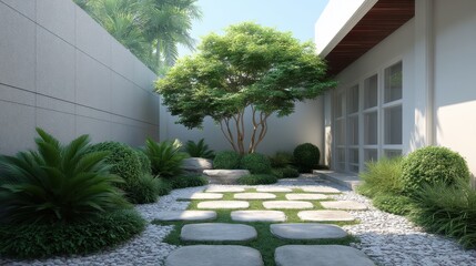 Obraz premium Tranquil Modern Zen Garden with Stone Pathway, Lush Greenery, and Natural Light in Contemporary Residential Setting