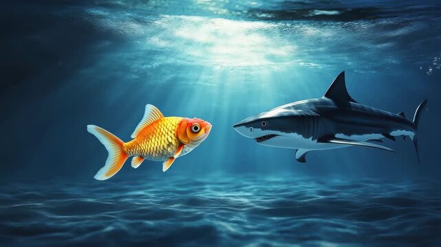 Aquatic Confrontation: A golden fish faces off against a great shark underwater, their contrasting sizes and temperaments highlighting the dynamics of the ocean.