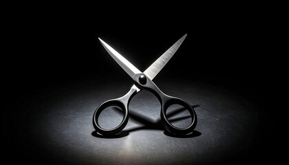 Scissors in low key lighting with rim light highlighting sharp blade edges, dramatic minimalist look emphasizing form, contrast, and precision in modern still life photography.