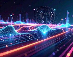 Abstract 3D concept of machine learning algorithms visualized as connected nodes and flowing data, representing innovation and advanced digital technology.