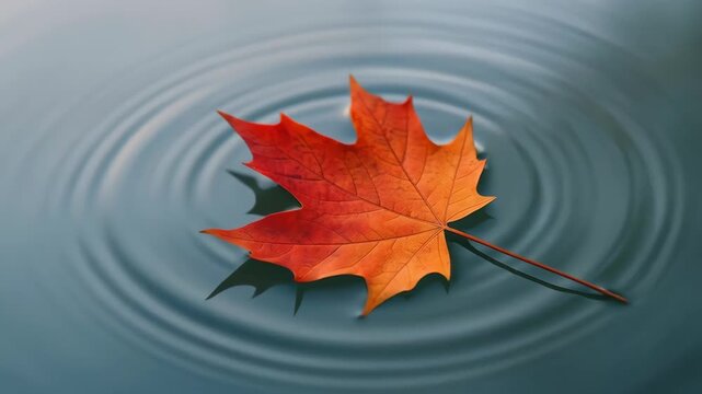 Autumn Leaf's Serenity: A vibrant, multi-hued maple leaf gently rests on the serene surface of a tranquil pond, its delicate form reflected in the ripples that spread outwards.