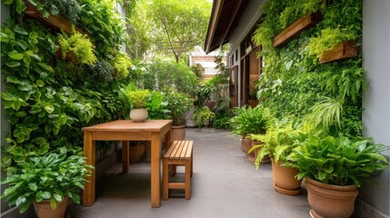 Serene Outdoor Space Featuring Lush Green Plants, Wooden Table, and Cozy Seating Surrounded by Vibrant Foliage in a Tranquil Garden Setting