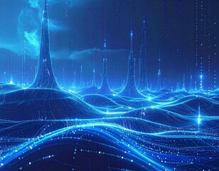 Futuristic abstract 3D visualization of artificial intelligence, showing flowing data streams and interconnected neural networks in a modern technology environment. blue background