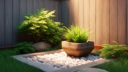 Serene Zen Garden with Lush Greenery, Natural Stone, and Soft Lighting Perfect for Tranquil Spaces and Relaxation Aesthetics in Home Decor