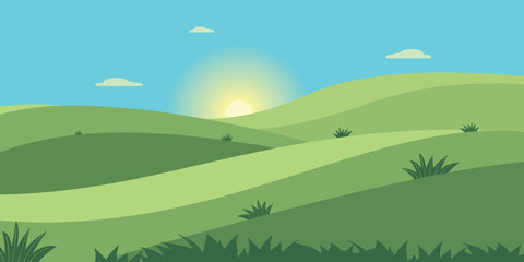 Obraz premium mountain sunrise landscape, sunrise background vector, mountain landscape illustration, yellow sky background, nature scenery, scenic landscape, travel background, outdoor illustration