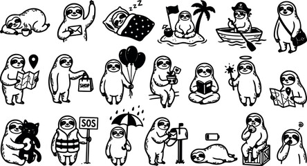 Fototapeta premium Hand drawn line art sheet of expressive sloth characters performing activities including sleeping reading boating shopping balloons holding playful stickers