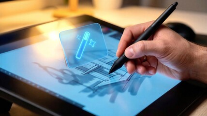 Designer using stylus on graphics tablet with AI magic tool icon