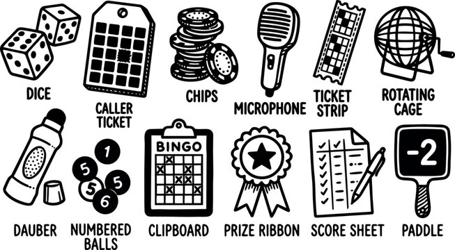 Line art hand drawn bingo icon set close up showing dice dauber numbered balls chips microphone rotating cage clipboard score sheet paddle
