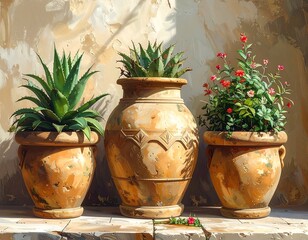Three terracotta pots with plants in a garden setting.