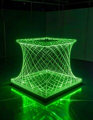 Glowing green sculpture of intersecting lines on a square base