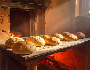 Freshly Baked Bread in a Traditional Wood-Fired Oven.