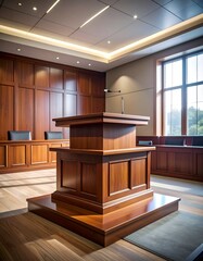 Interior shot of a well-lit courtroom with dark wood paneling and furniture