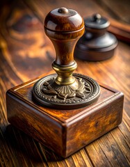 Close-up of ornate wooden stamp on a block, inkwell in background