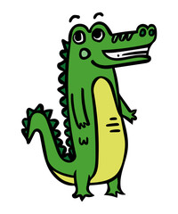 Obraz premium Cute green crocodile cartoon character standing and smiling isolated on white background