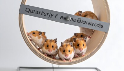 Several hamsters running inside a large, wooden wheel with text