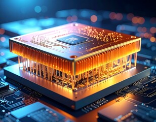 Glowing CPU sits atop a circuit board with intricate light designs