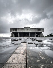 Concrete brutalist building under an overcast sky, reflected in wet tiles