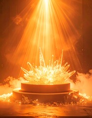 A glowing crystal cluster sits on a pedestal under a golden light