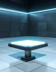 A minimalist, futuristic room with a glowing pedestal