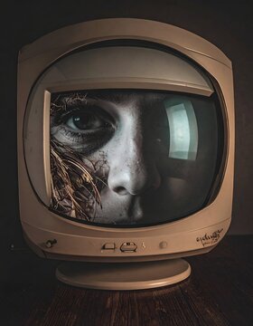 A face peers out of an old monitor, with detail and a vintage look