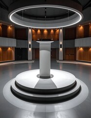 Modern circular platform bathed in light, centrally placed in an auditorium
