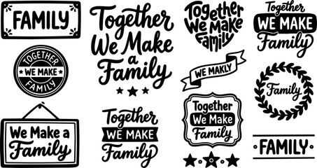 Obraz premium Hand lettered vintage badge sheet showing multiple family typographic seals and wreaths in black ink close up flat layout studio composition